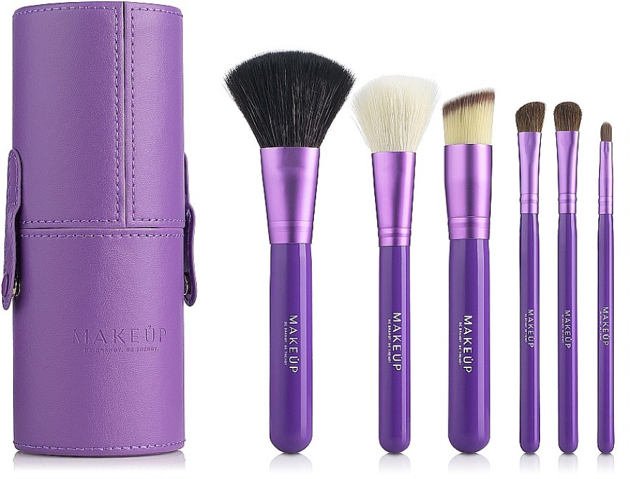 MAKEUP Set Con Brochas Y Pinceles De Maquillaje En Estuche Violeta, 7 Uds. Accesorios De Maquillaje