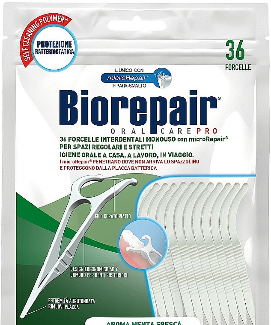 Biorepair Aplicadores De Hilo Dental Desechables Con Sabor A Menta Fresca, 36Uds. Hilos Dentales